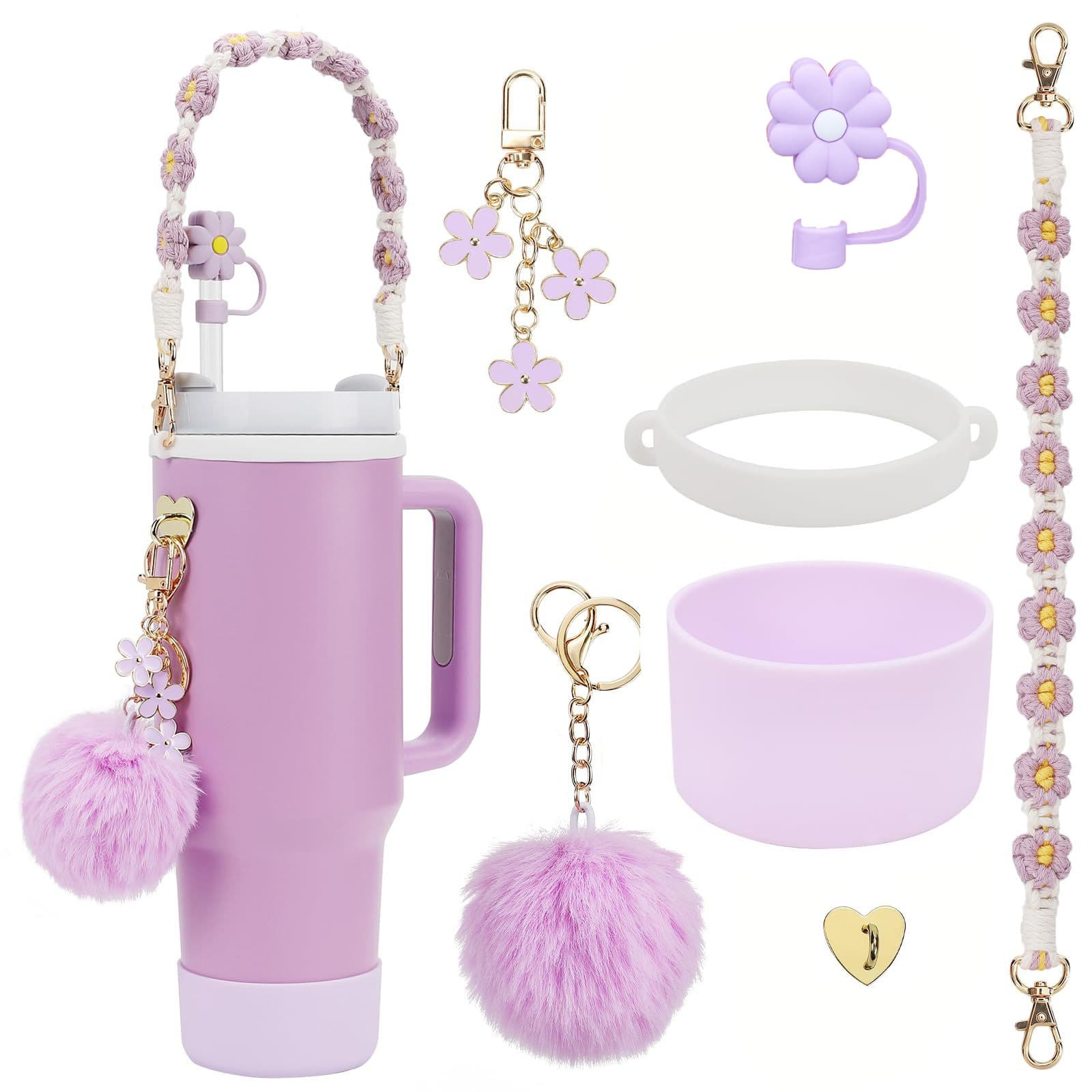 Stanley Compatible Silicone Straw Lid Water Bottle Holder Hand Strap Flower Ball Pendant Set Modern Leakproof Cup Accessories