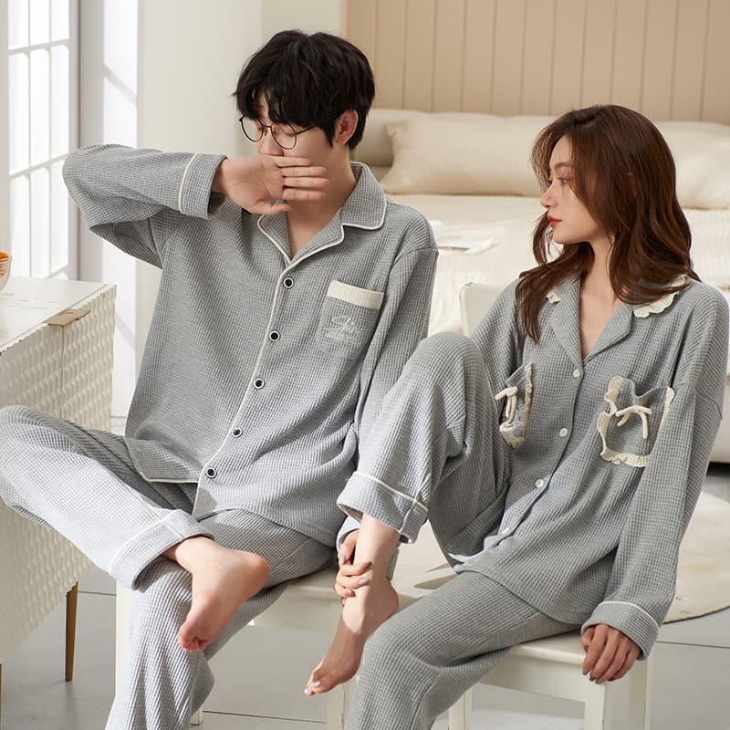 Couples Cotton Pajamas Long Sleeve Collared Open Cardigan Sleepwear Home Clothes Autumn Winter Ladies Plus Size Men's Cute