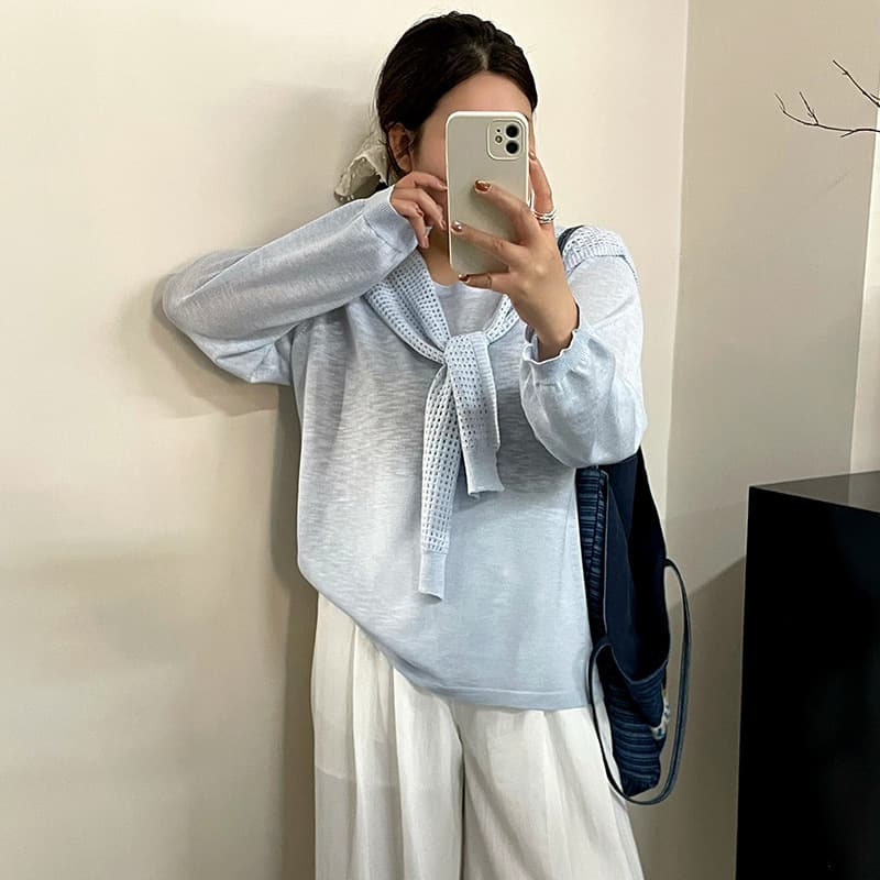 Plus Size Women's Casual Round Neck Top Thin Sun Protection Cover-Up 2026 Summer Fat mm Matching Shawl Knitwear 23707