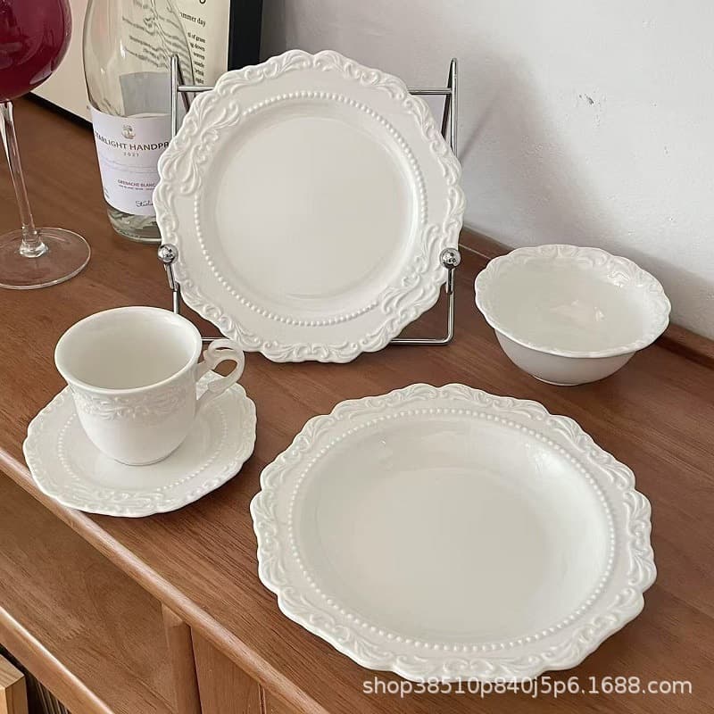 Light Luxury French Vintage Palace Style Embossed Pure White Ceramic Dinner Plate Pasta Plate Steak Plate Rice Bowl