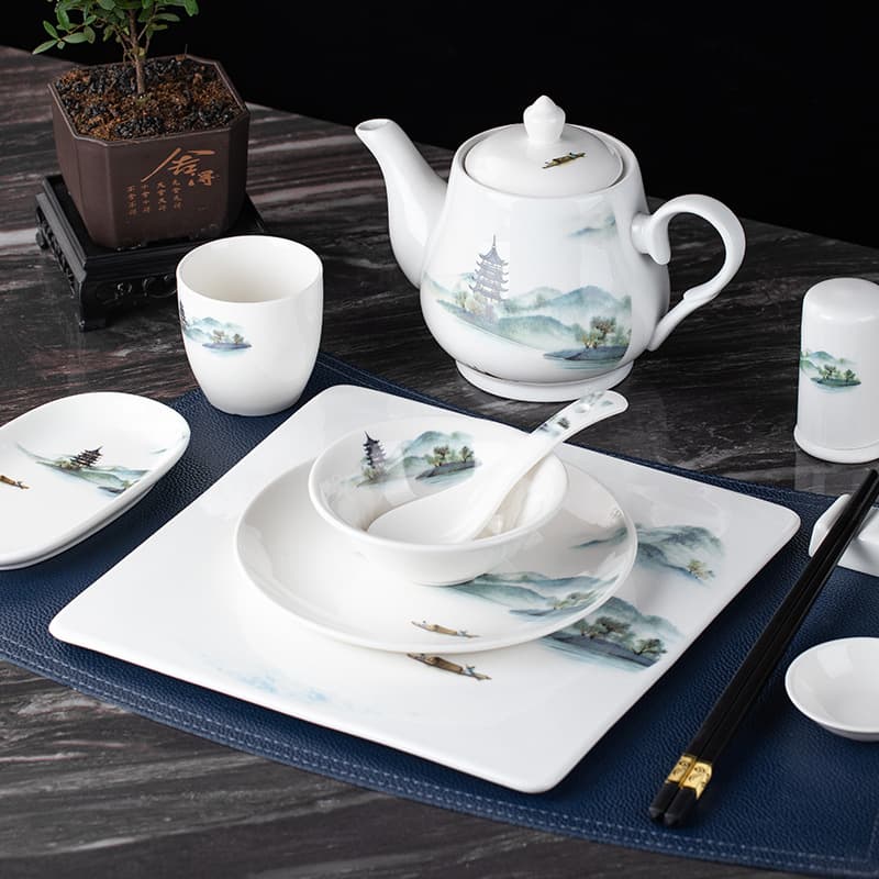 Star-rated Hotel Table Setting Bowl Dish Cup Spoon 4-Piece Tableware Set Restaurant Plate Bowl Chopsticks Ceramic 5-Piece Set Landscape Painting Chinese Style