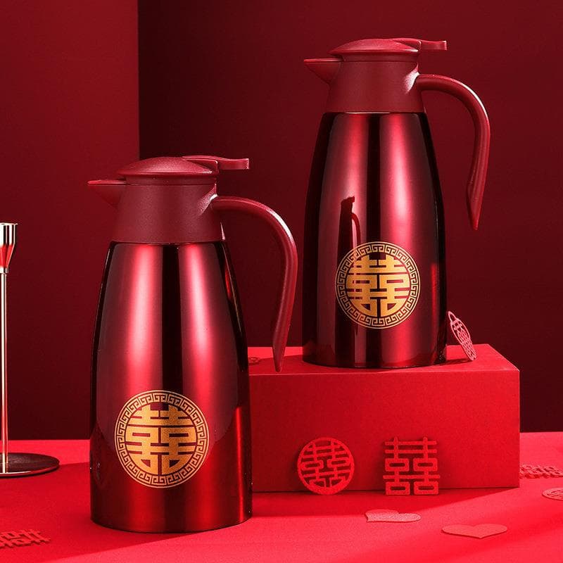 304 Stainless Steel Wedding Thermos Bottle, Red Pair for Marriage, Festive Hot Water Bottle, Dowry Water Kettle