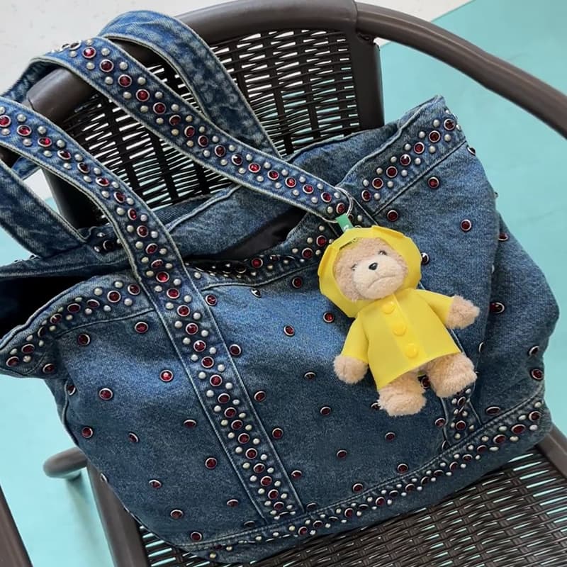 2025 autumn and winter new heavy industry motorcycle rivet rhinestone casual denim tote bag large capacity women's bag personality trend
