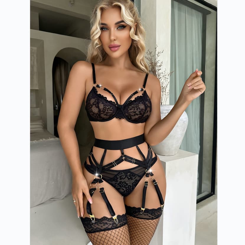 Cross-Border Best-Selling Sexy Lingerie Lace Set, Premium Black See-Through Bondage Lingerie Set