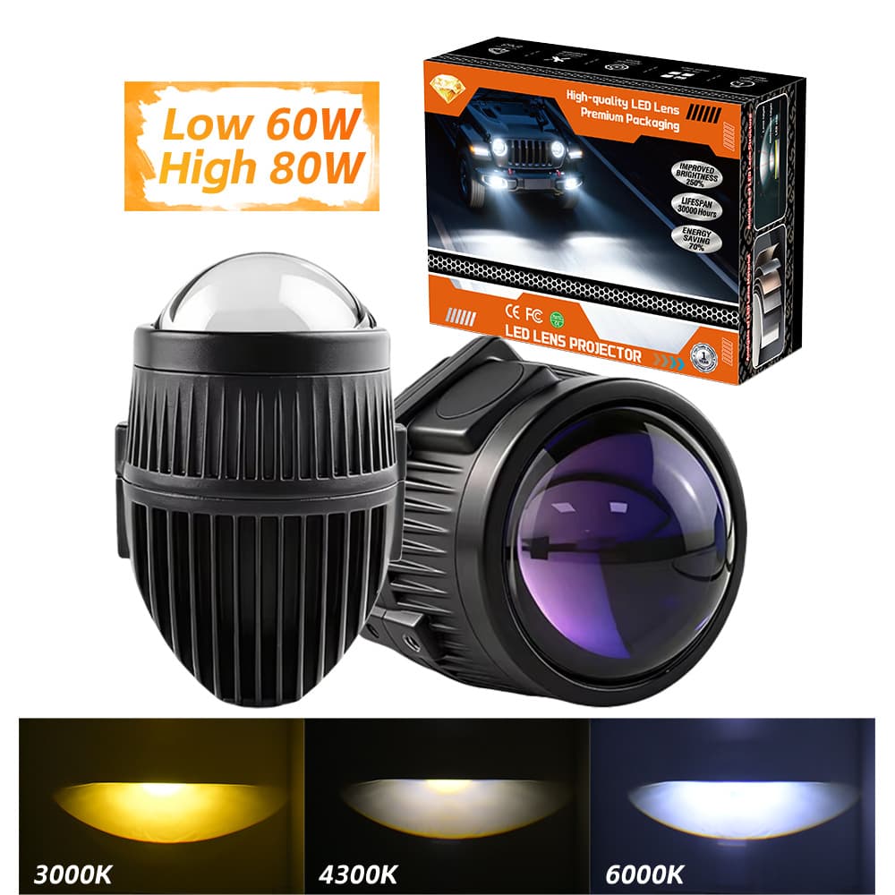 DGLS Fog Light 2-Inch Tri-Color High Power 2inch Rain Fog Weather Fog Light Projector Lens Tri-Color 80W