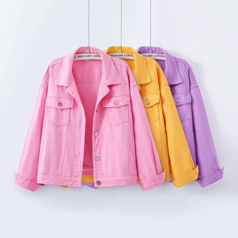 Real shots of versatile denim jackets for female students, loose colorful tops, Hong Kong style Internet celebrity popular casual women's long-sleeved jackets