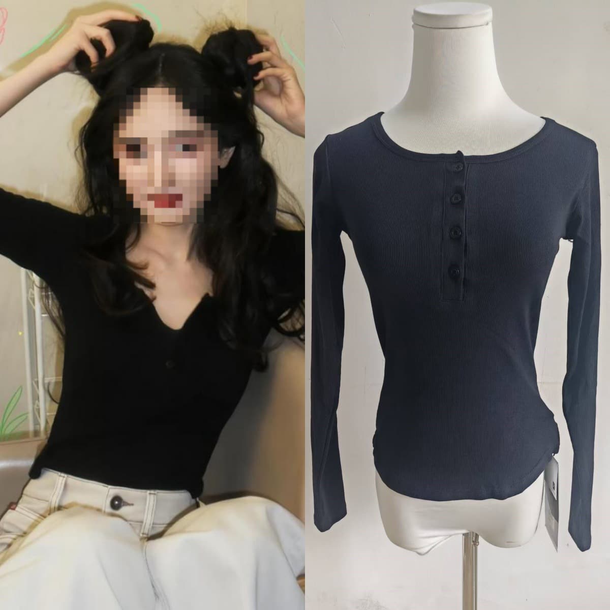 Long-term in stock 2026 spring Yang Mi same style long-sleeve T-shirt women's casual black slim fit v-neck pure desire top