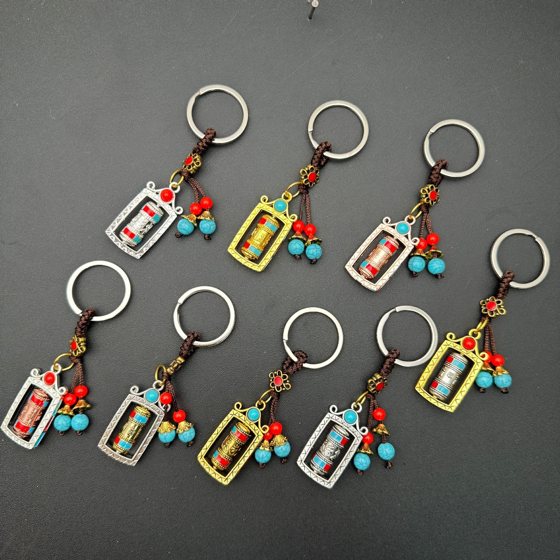 Tibetan Accessories Nine Palaces Bagua Plaque Small Prayer Wheel Pendant, Six-Syllable Mantra Car Hanger, Bag and Key Ornament Spinning Wheel