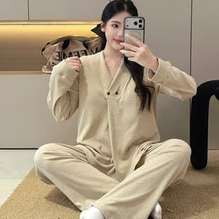 Autumn/Winter Modal Maternity Pajamas with Built-in Bra, Postpartum Sweat-Absorbing Nursing Sleepwear for Pregnant Women, Loungewear