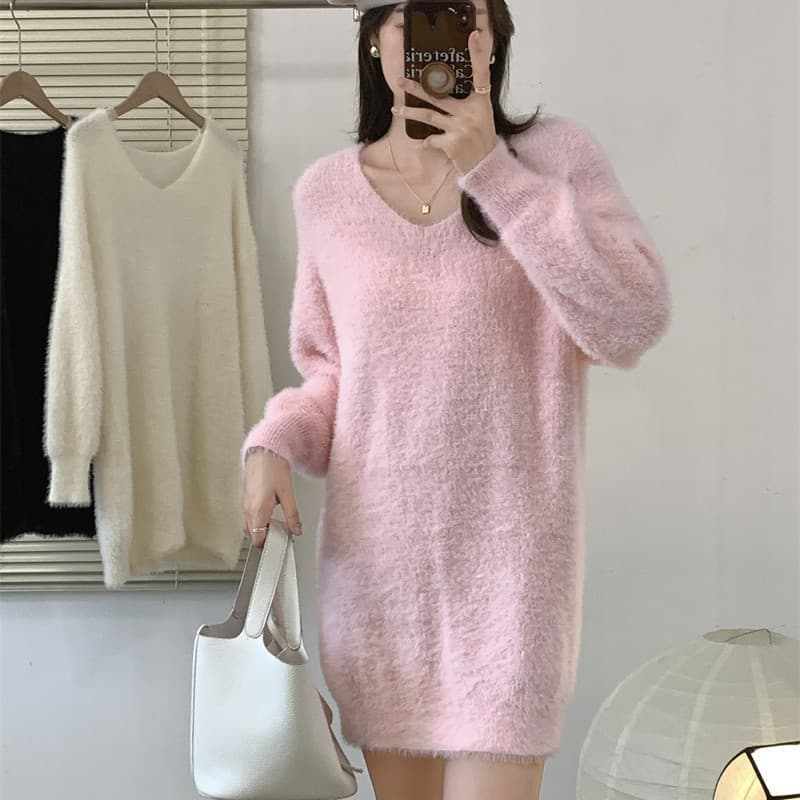 2025 Spring/Autumn Imitation Mink Knit Dress Autumn/Winter Big Sweater Lazy Style Plush Celebrity Pullover Top Women's Trendy
