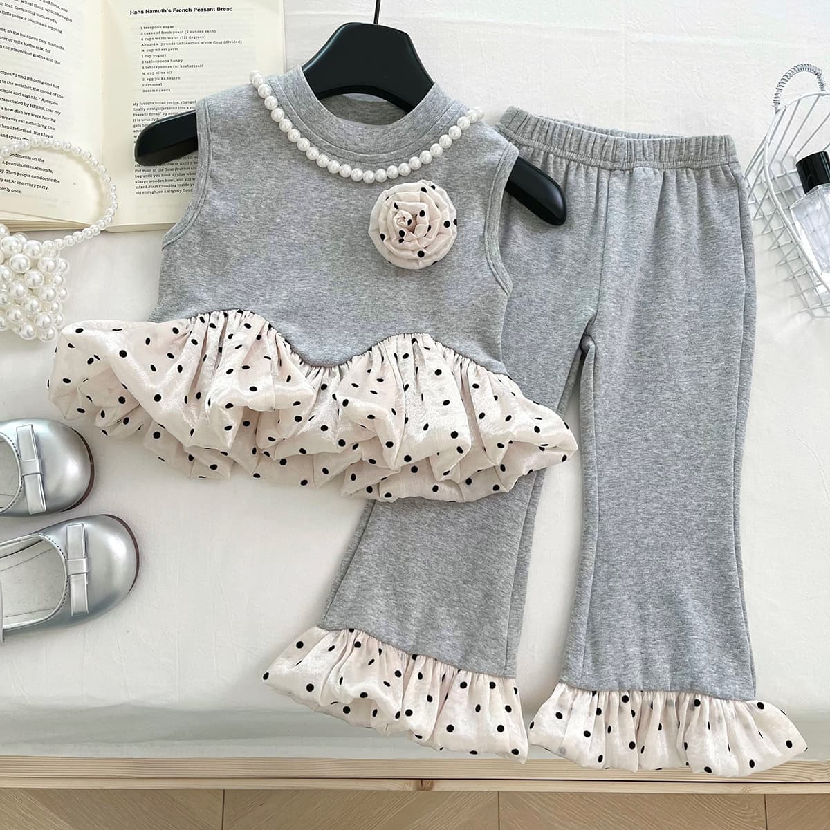2025 Summer New Girls Casual Love Print Spotted Splicing Sleeveless Flared Legs Suit 17261