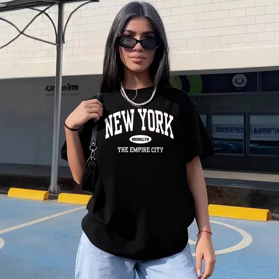 Cross-border European and American New Style NEWYORK Letter Print T-Shirt Loose American Short Sleeve Women Summer