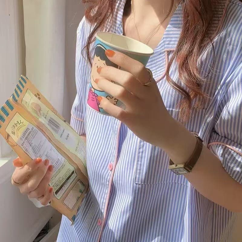 Simple Striped Bubble Cotton Summer Pajama Set for Women - Short Sleeve, Shorts, Cardigan, Notched Collar, Korean Style, Influencer Live Stream, Cross-border Set