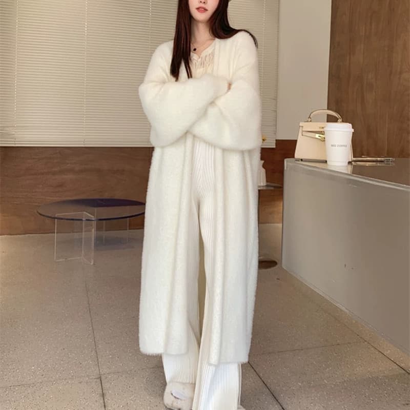 Lazy Style Cardigan for Women Fall Winter New Thick Faux Fur Knee-Length Fluffy Knit Coat