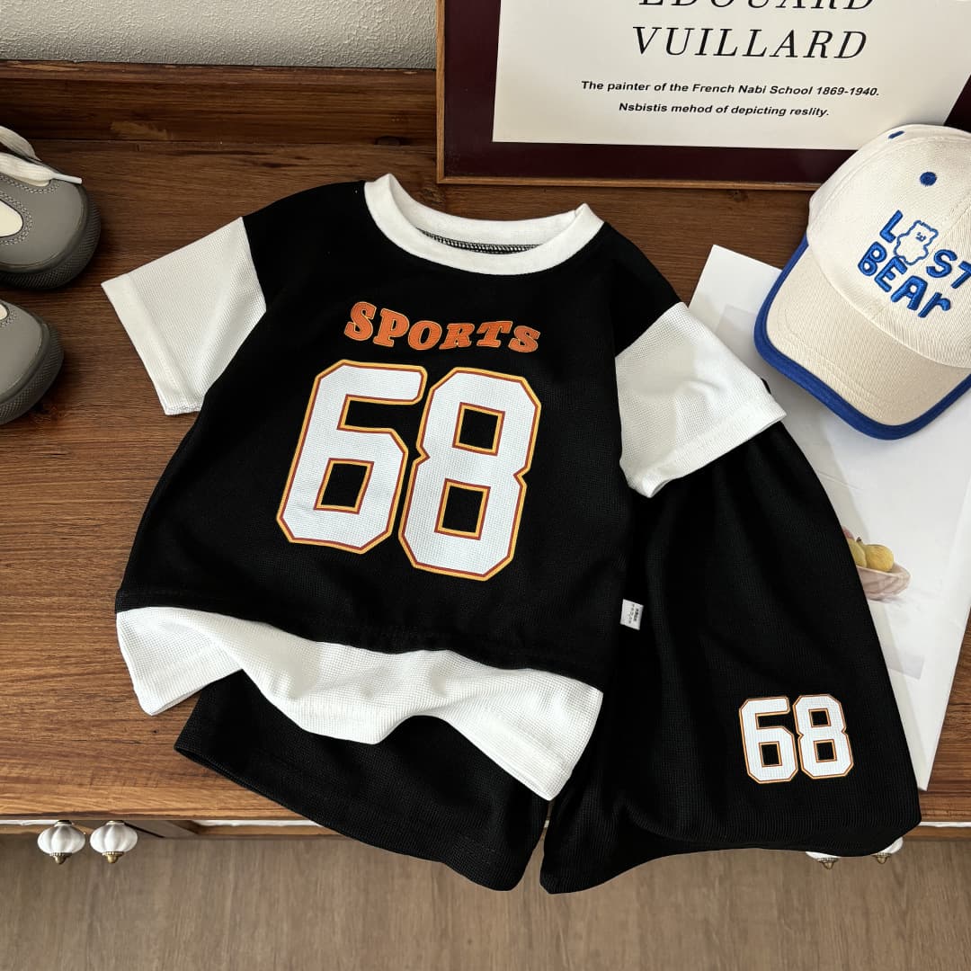 Summer children's short-sleeved shorts suit, boy's casual outing sports suit, boy's loose jersey fake two-piece set