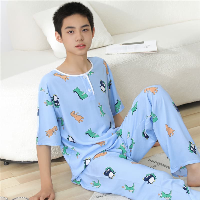 Boys' and Teens' Summer Cotton Short Sleeve Pajama Set, Loose Thin Home Wear, Men's Rayon