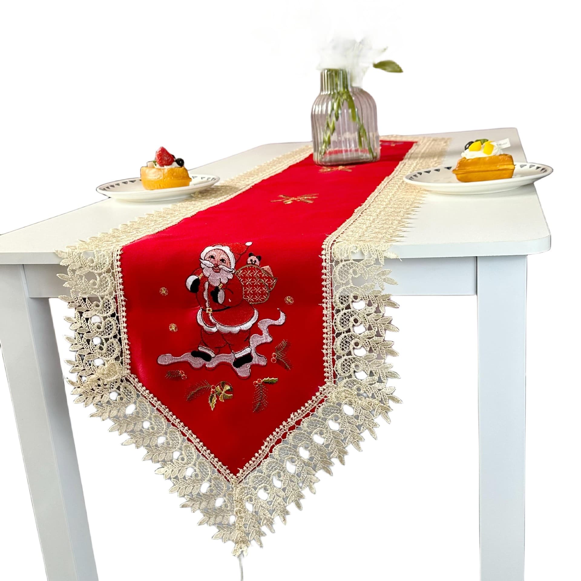 New Cross-Border Christmas Table Runner Embroidered Lace Santa Claus Snowman Holiday Decorative Triangular Table Runner