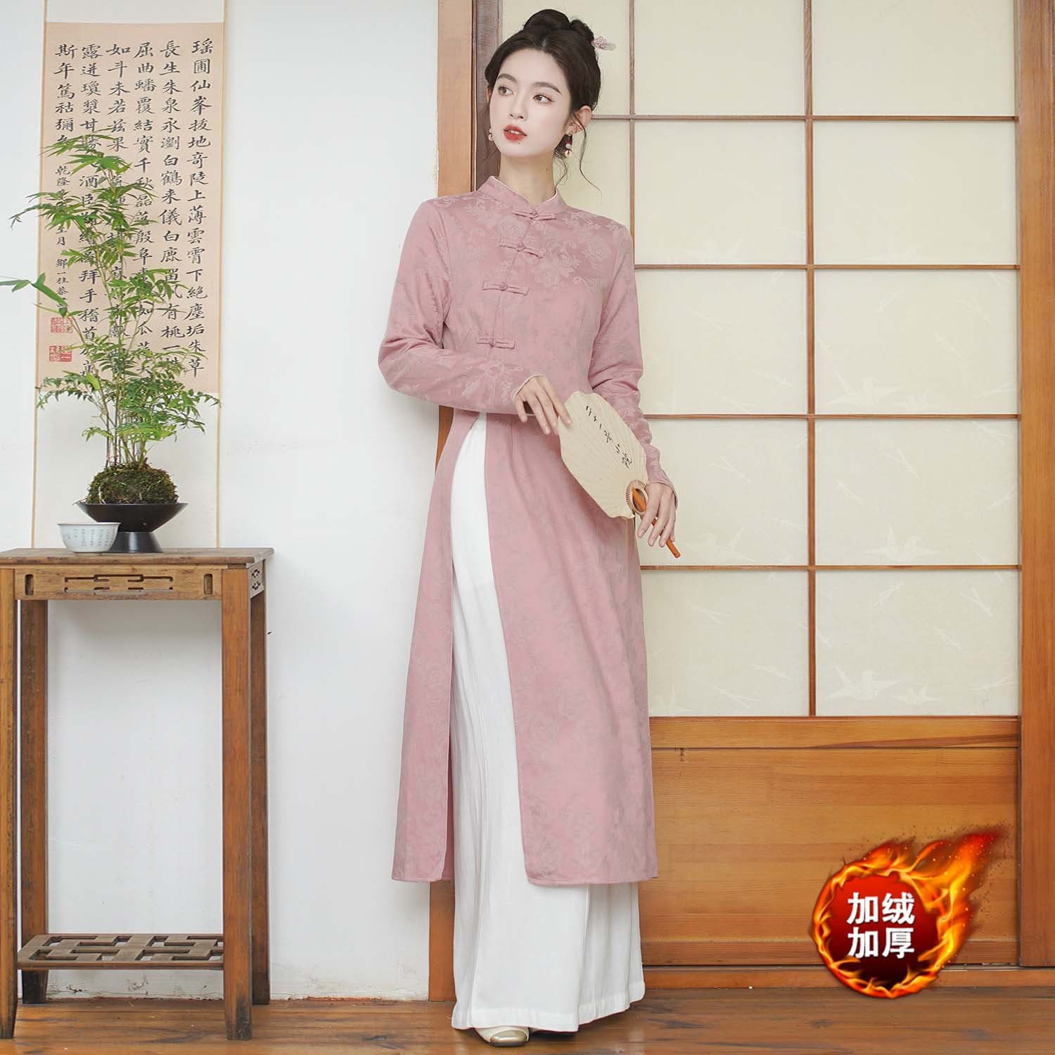 9663 cheongsam top modified Hanfu women's tea dress suit new Chinese-style Zen-inspired Zen attire Chinese-style Tang suit + pants.