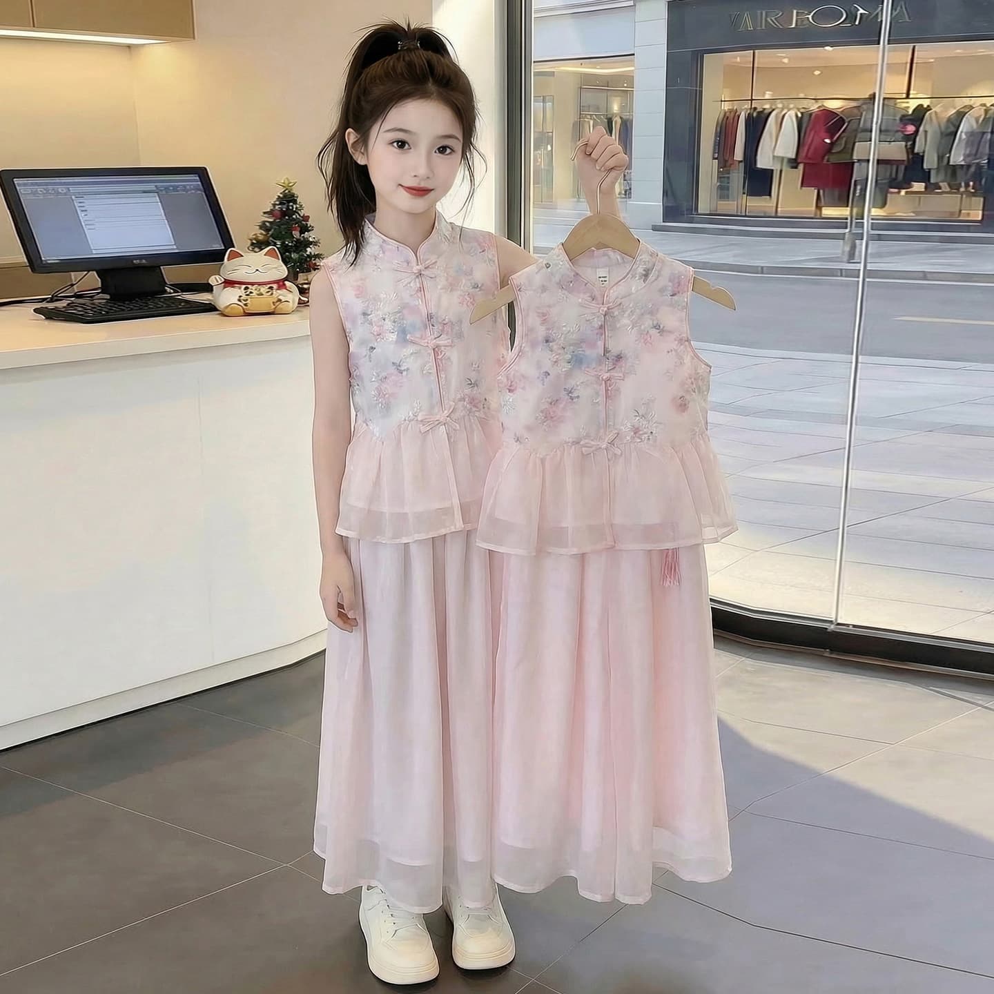 Girls 2026 new summer sweet and cute suit for girls, foreign style national style thin sleeveless top outer suit