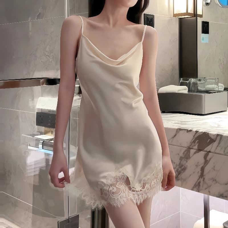 Sexy French Deep V-Neck Nightgown for Women, Summer High-End Pure Feel with Padded Cups, Ice Silk Lace Camisole Dress and Robe