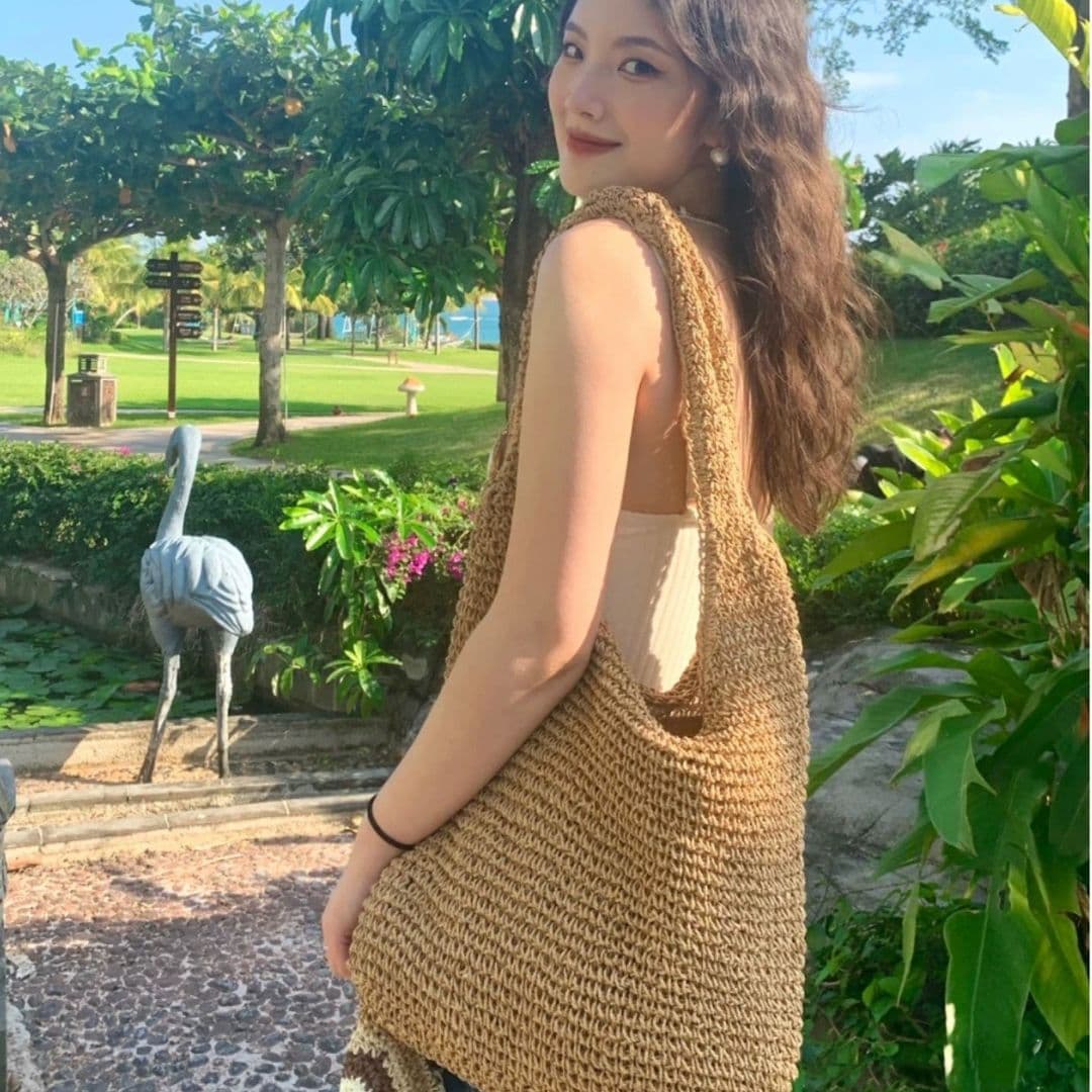Summer Beach Vacation Large Capacity Straw Woven Shoulder Bag for Women Fresh Sweet Style Casual Travel Bag with Zipper
