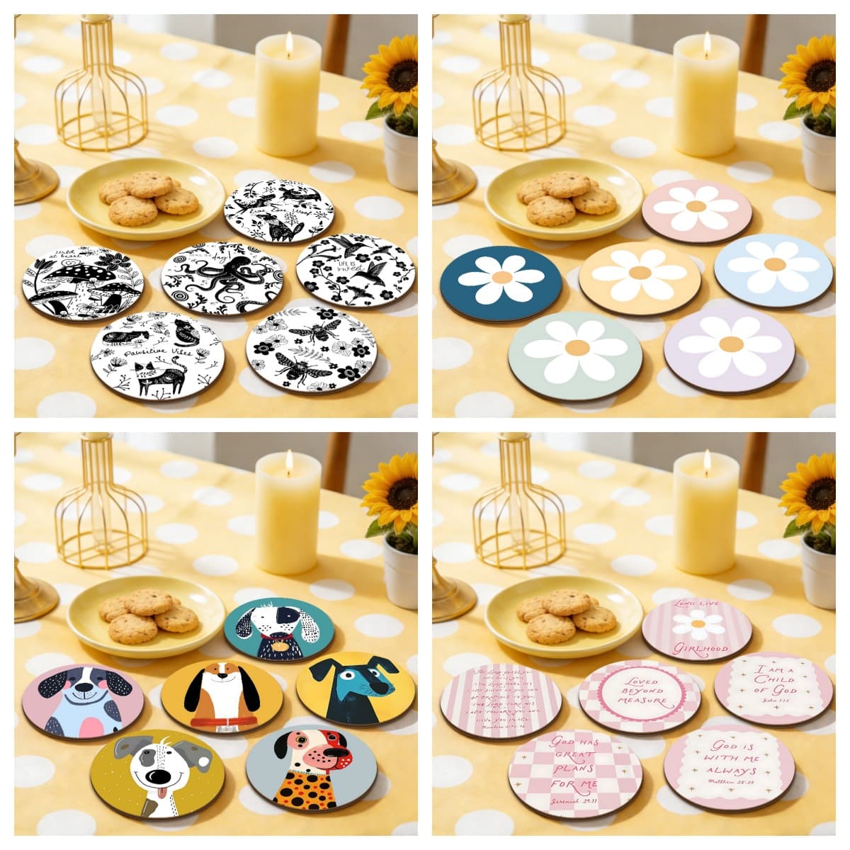 All-Season Black and White Cat Animal Series 2D Wooden Coffee Cup Coaster Set, Heat Insulation and Non-Slip Coaster Set
