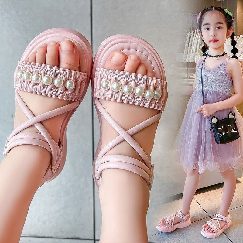 Girls' Sandals Summer New Children's Pearl Soft Sole Beach Sandals Princess Roman Sandals Soft Sole Anti-Slip
