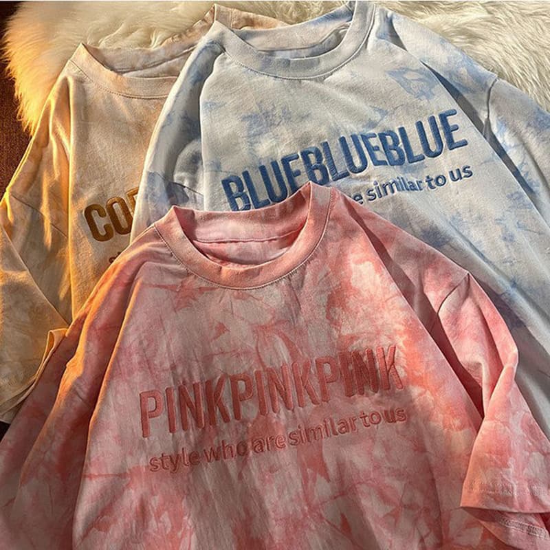 2021 Summer Loose Student Tops Women's Tie Dye Tops Embroidered Letters Couple Outfits Best Friend Short Sleeve T-Shirts for Women
