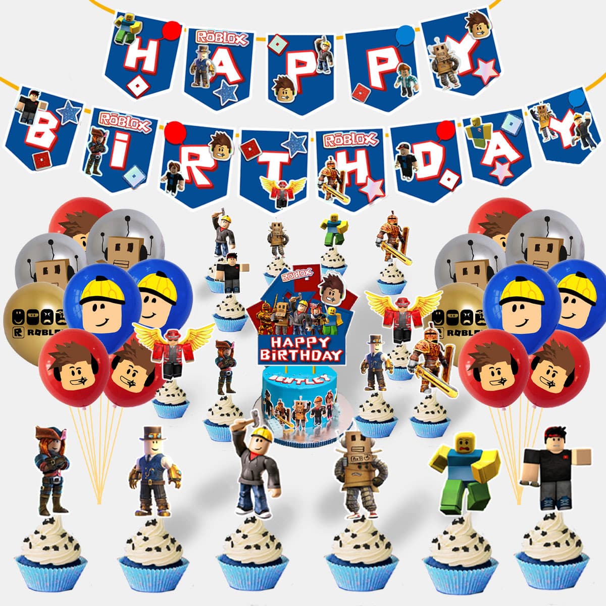 Roblox Virtual World Theme Banner Balloon Cake Topper Set Sandbox Game Birthday Party Decorations