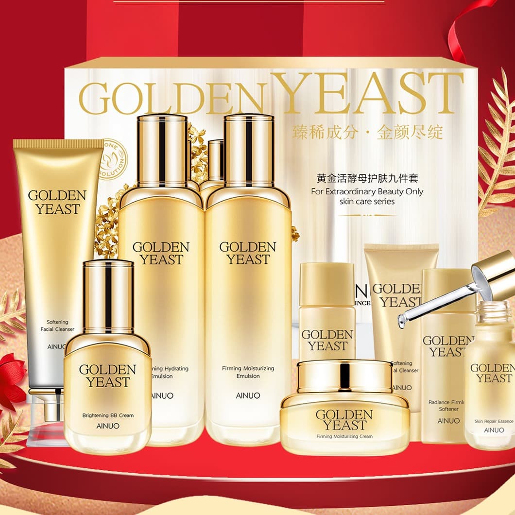 Ainuo Gold Active Yeast Skincare Set: Hydrating Highlighter Moisturizing Cream, Lotion, BB Cream, Toner, Eye Cream