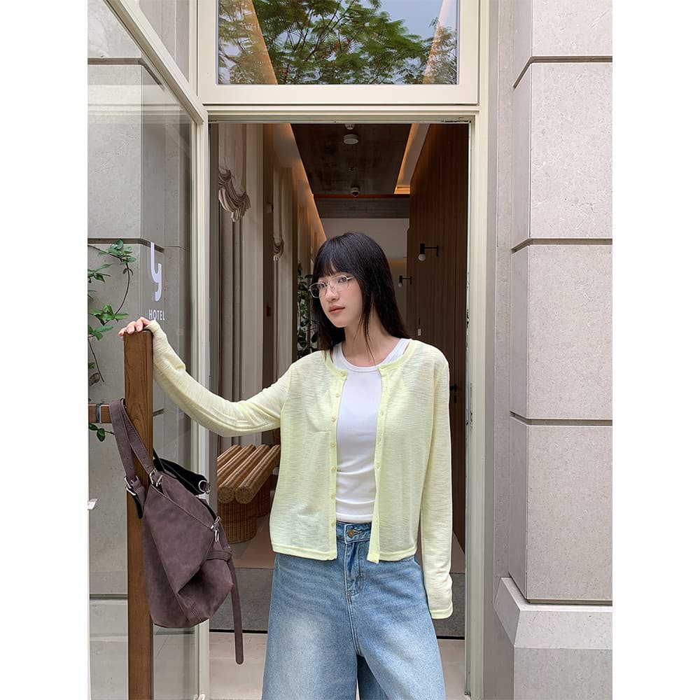 Yuyi yellow sun protection cardigan with see-through knitted thin coat for women summer small shawl blouse a5688