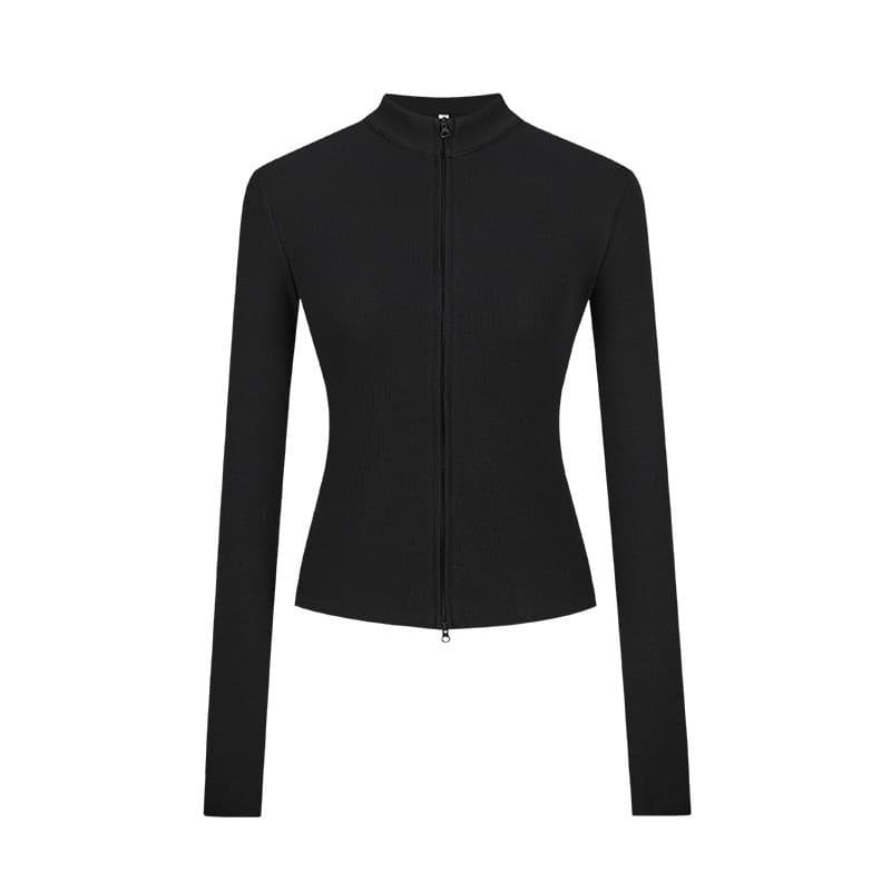 Sexy European and American Retro Double Zipper Thin Long-Sleeve Jacket for Women, Stand Collar, Cropped, Slim Fit Cardigan Top, Women's Fashion