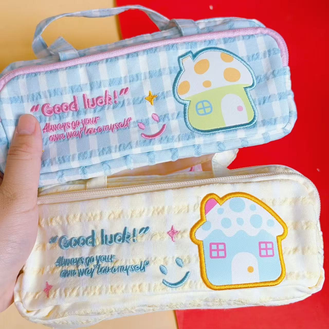 Cartoon little house portable pencil bag dopamine double-layer large-capacity pencil case student pencil stationery storage bag