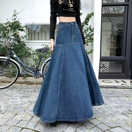 Denim Long Skirt with Wide Hem, High-Waisted, Slimming and Height-Enhancing A-Line Skirt for Women, Autumn Vintage Deep Blue Maxi Skirt