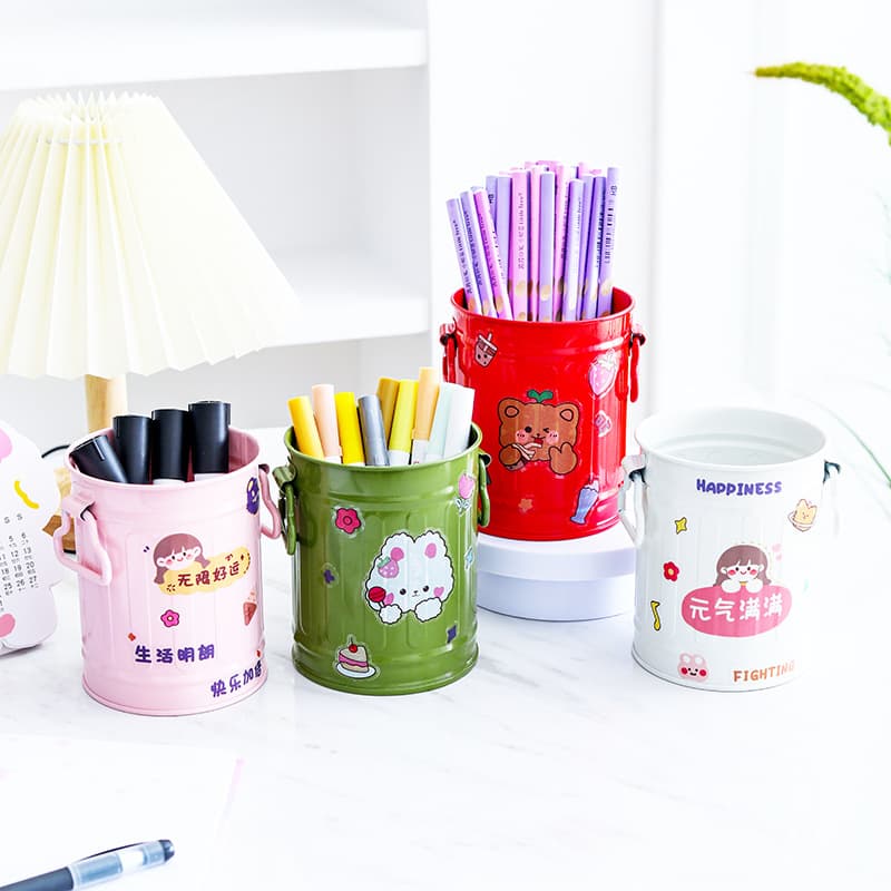 DIY cylindrical iron pen holder, creative desktop storage bucket, multi-functional stationery pen holder, large capacity pen bucket for students