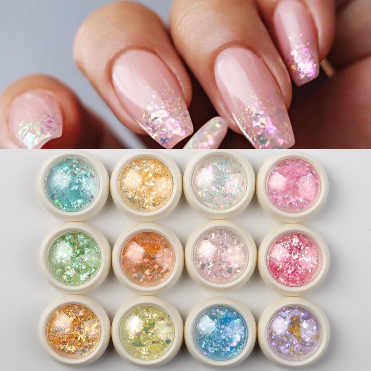 New Cross-Border Nail Glitter 12-Color Shiny Aurora Opal Gold Foil Broken Foil Mixed Nail Glitter Set Wholesale