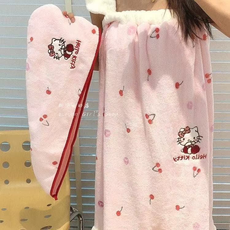 Cherry KT cat bath skirt, coral velvet, can be worn in the bath and wrapped in a bath towel, student nightgown, kitty cat bathrobe style