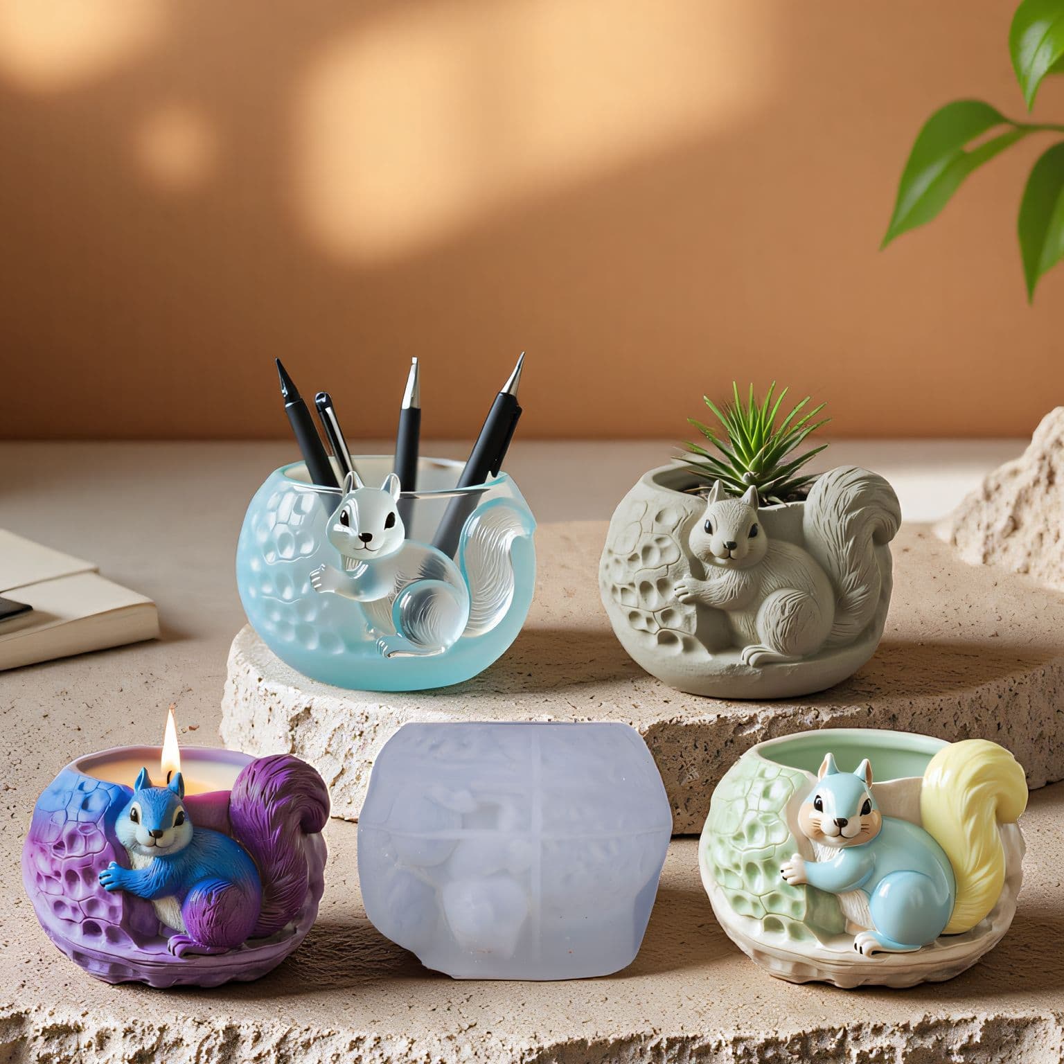 YinDian Squirrel Vase Cement Aromatherapy Plaster Cup Mold DIY Resin Storage Cup Flower Pot Ornament Silicone Mold