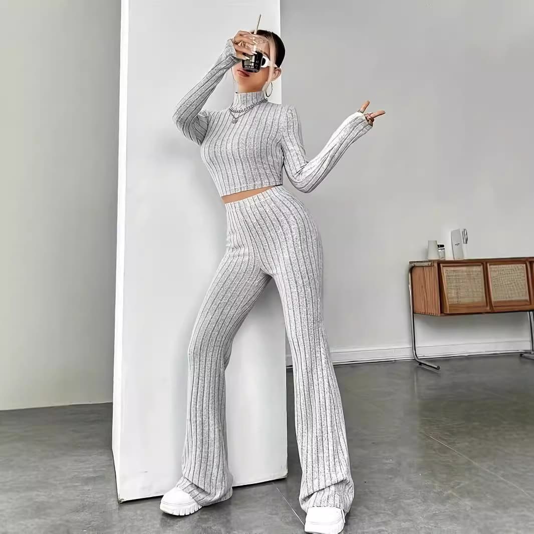 Loose Long Sleeve Knitted High Collar Slim Fit Top And Pants Two Piece Set Autumn New Style Cross Border Fashion Women's Wear