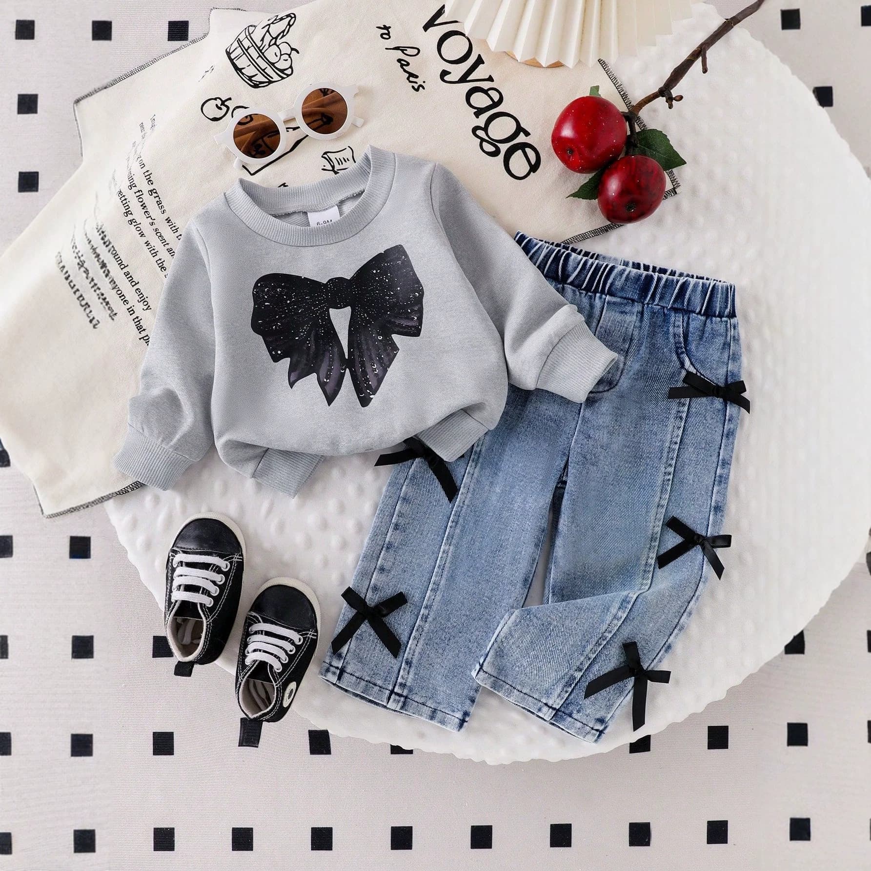 Yunbo Beibei Girls Bow Long-Sleeve Hoodie Set Autumn New Stylish Denim Pants Two-Piece Set