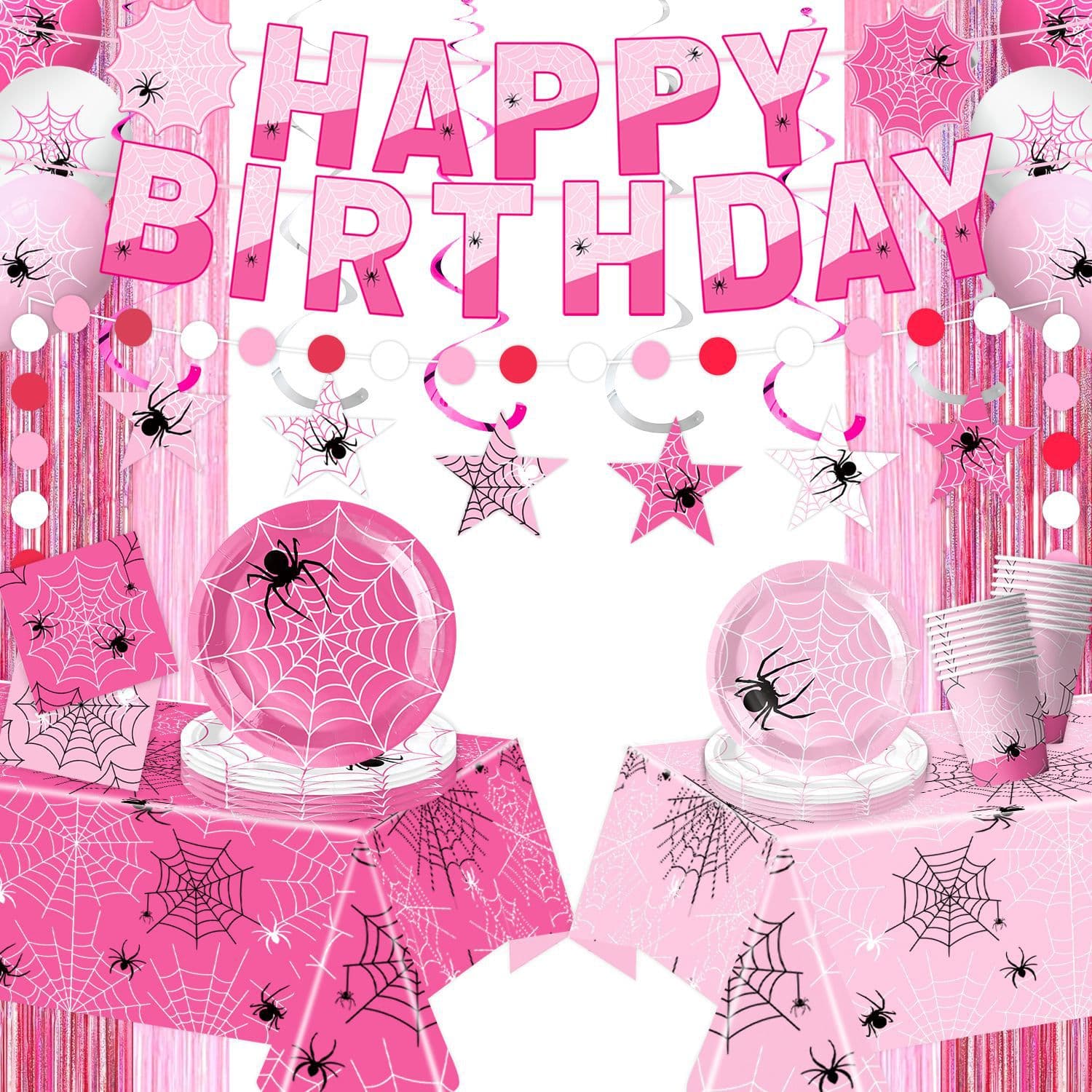 Cross-border New Product Pink Spider Web Birthday Party Tableware Set Children's Pink Spider Party Supplies Birthday Banner