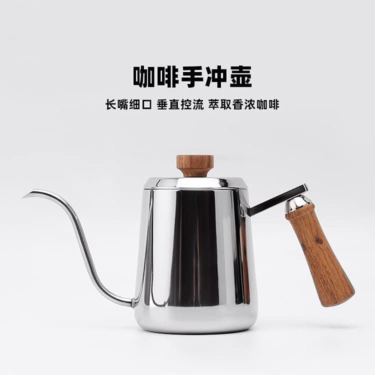 Pour-over coffee pot, 304 stainless steel with wooden handle, ear-hook design, long slim spout, home drip filter, Nordic retro style