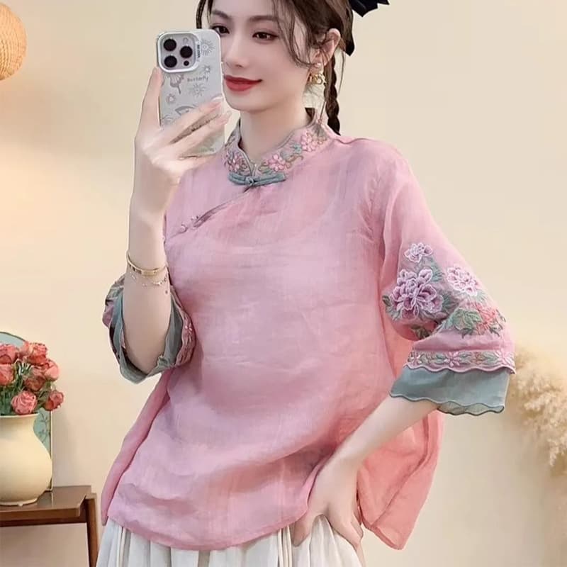 Artistic Retro Ethnic Style Half-Sleeved Top Summer New Heavy Embroidery Stand Collar Chic Buttoned Short-Sleeved Shirt for Women