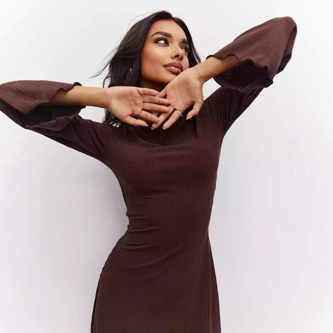 European and American Women's Flared Sleeve Round Neck Back Tie Long Dress Slim Casual Club Knit Dress