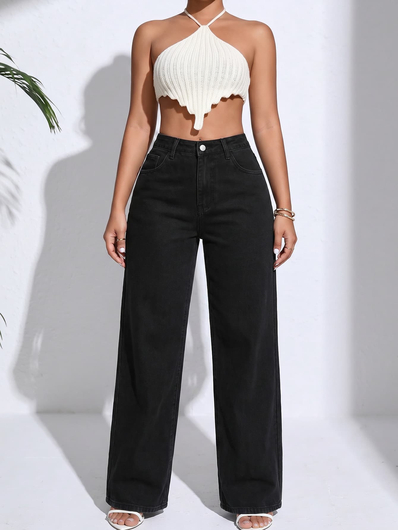 New Women's Black Denim Wide-Leg Pants High-Waist Flowy Floor-Length Trousers, Slimming Loose Fit, In Stock