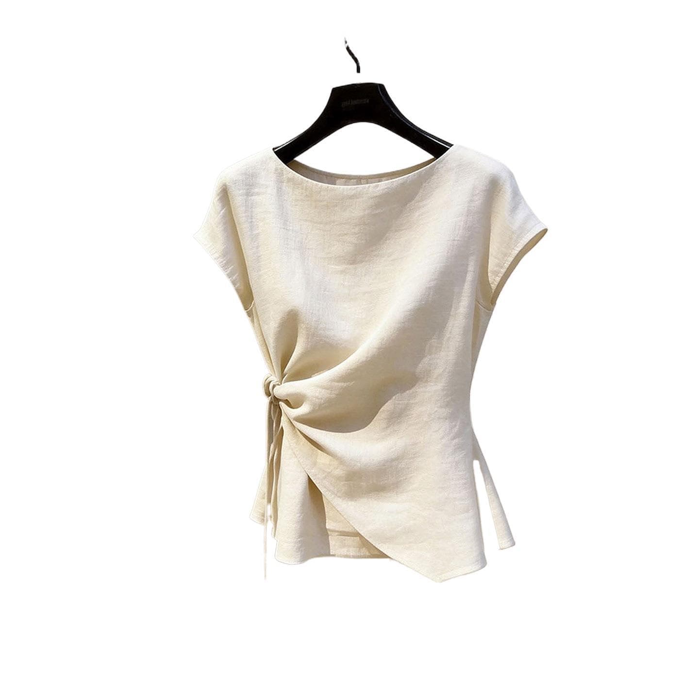 Apricot Short Sleeve T-Shirt for Women with Irregular Pleats and Tie Front, Round Neck