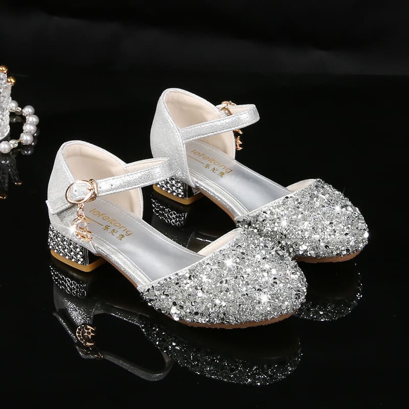Girls Princess Shoes Snow White Soft Sole Performance Leather Shoes Little Girl Silver Stage Gown Crystal Shoes Children's Heels