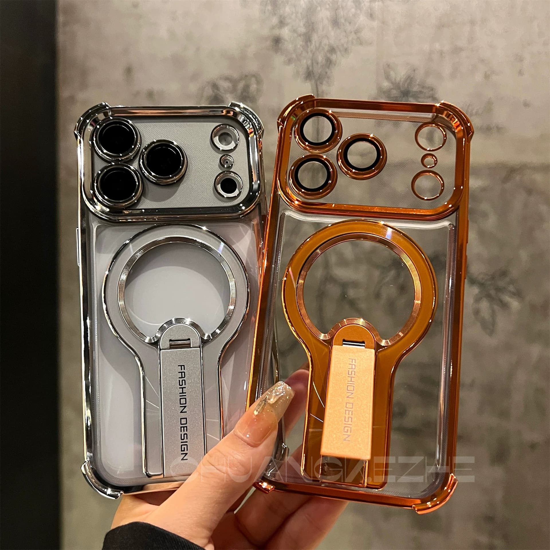 Electroplated Spherical Metal Folding Stand Compatible with iPhone 17 Pro Max Magnetic Phone Case Apple 17E Four Corners 5