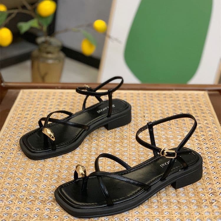 Chunky Heel Elegant Fairy Style Thin Strap Sandals Women 2026 New Summer Trendy One-Buckle Toe Clip Roman Shoes