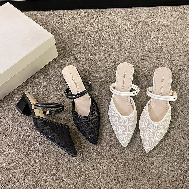2024 New Style Chanel-style High Heel Shoes Pointed Toe Closed Toe Mule Sandals for Women, Two-Way Wear Fashionable and Elegant Slippers
